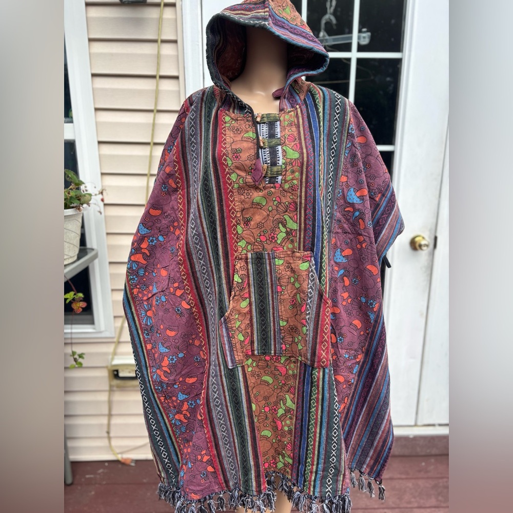 Multicolor Hooded Poncho Coat